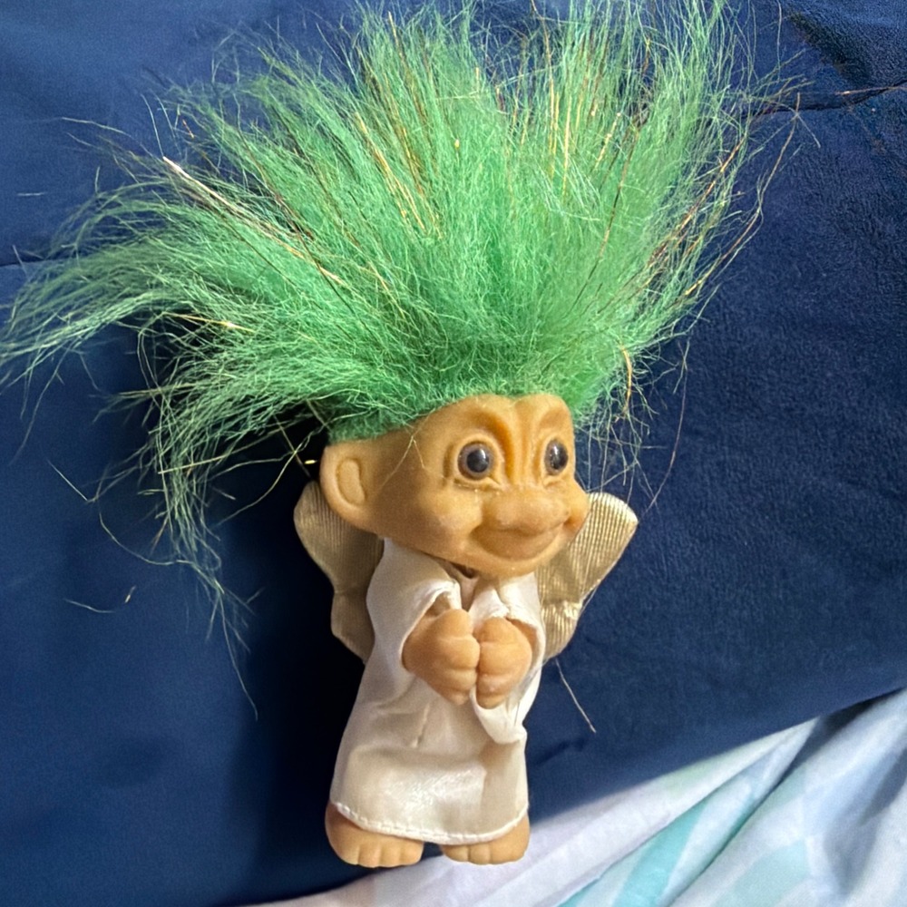 Vintage Russ Berrie Angel Troll Doll Green Hair Gold Tinsel Wings Ornament